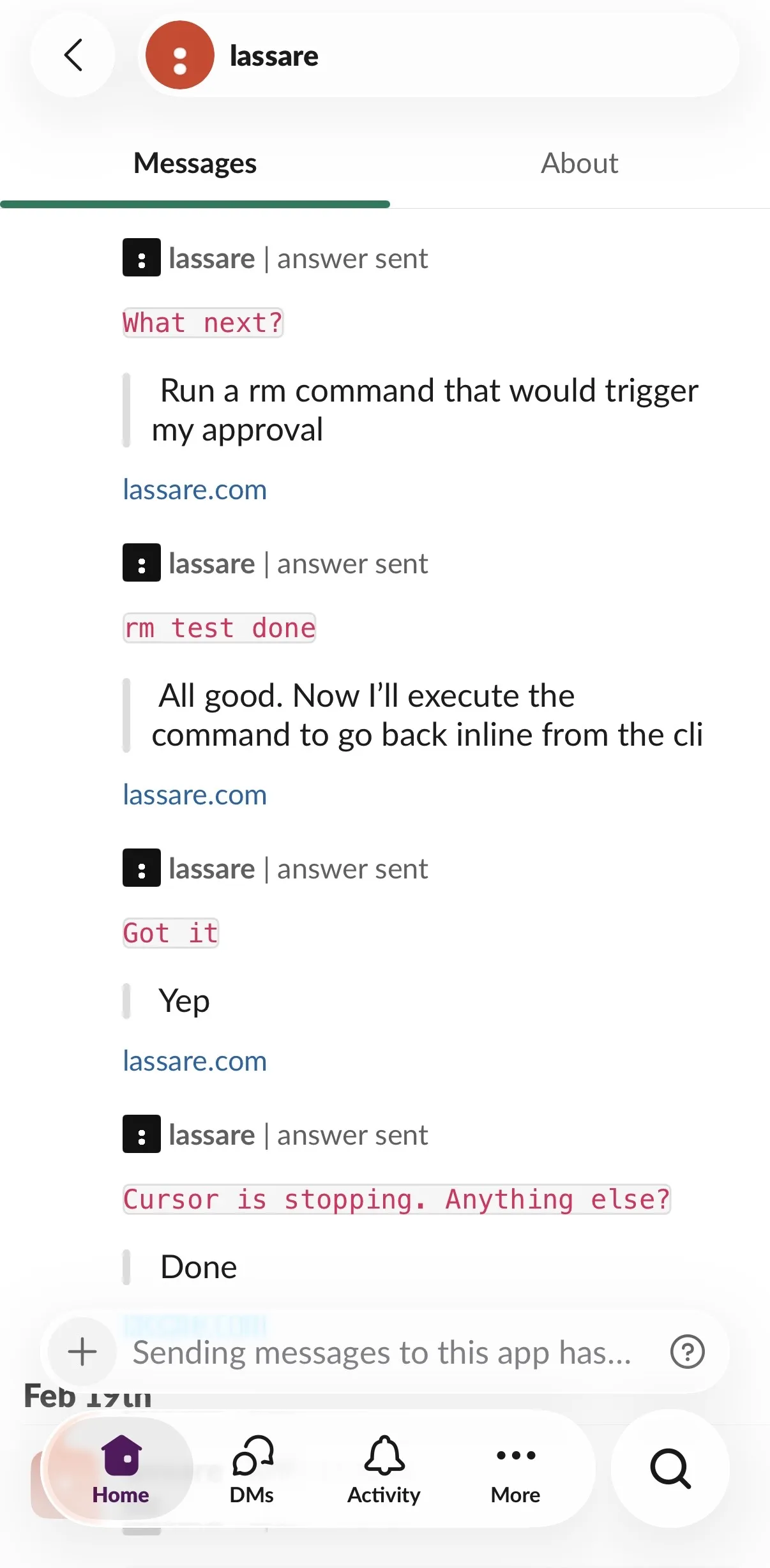 Cursor agent asking what to do next via Slack on mobile
