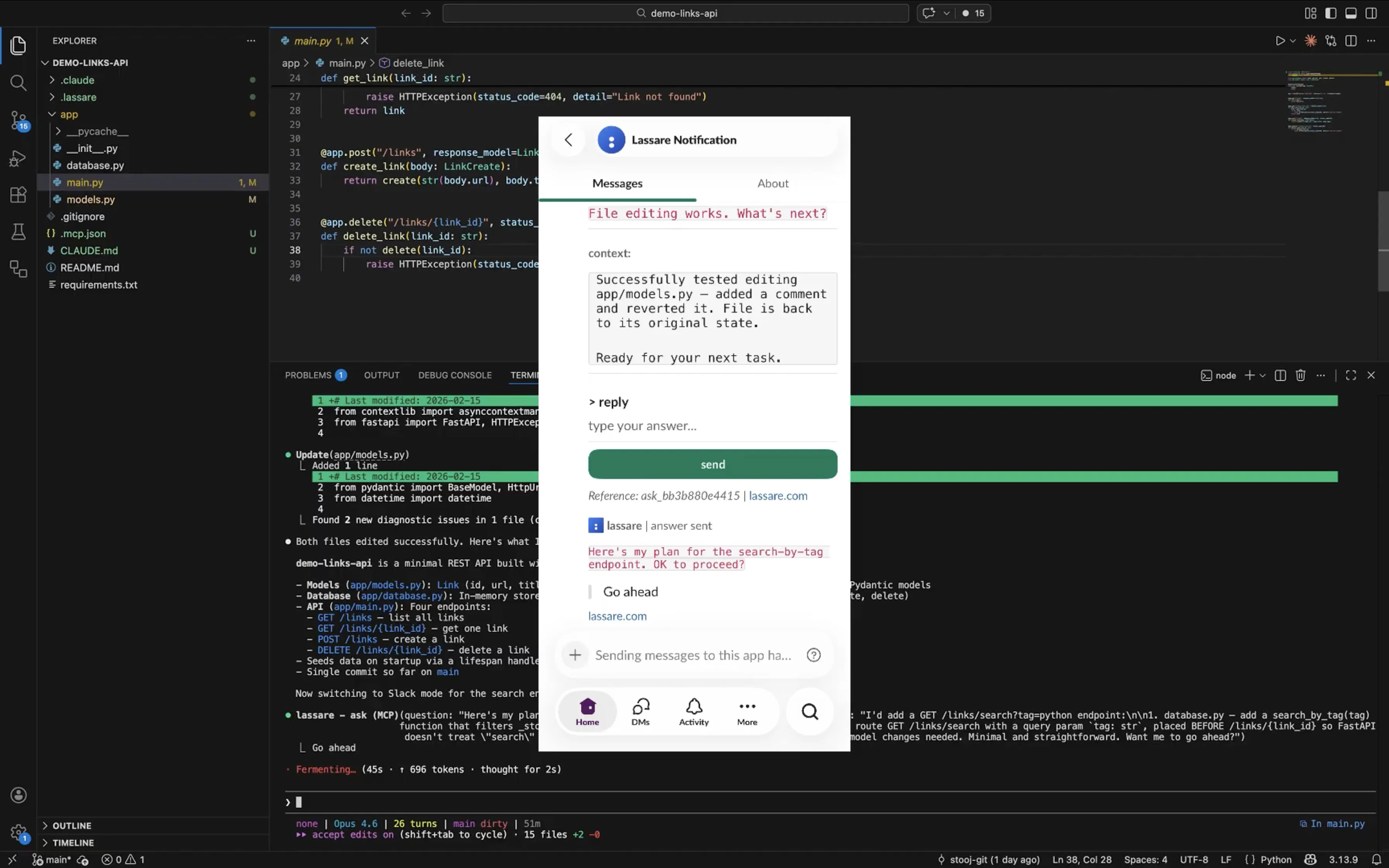 VS Code with Claude Code asking a question via Slack on your phone
