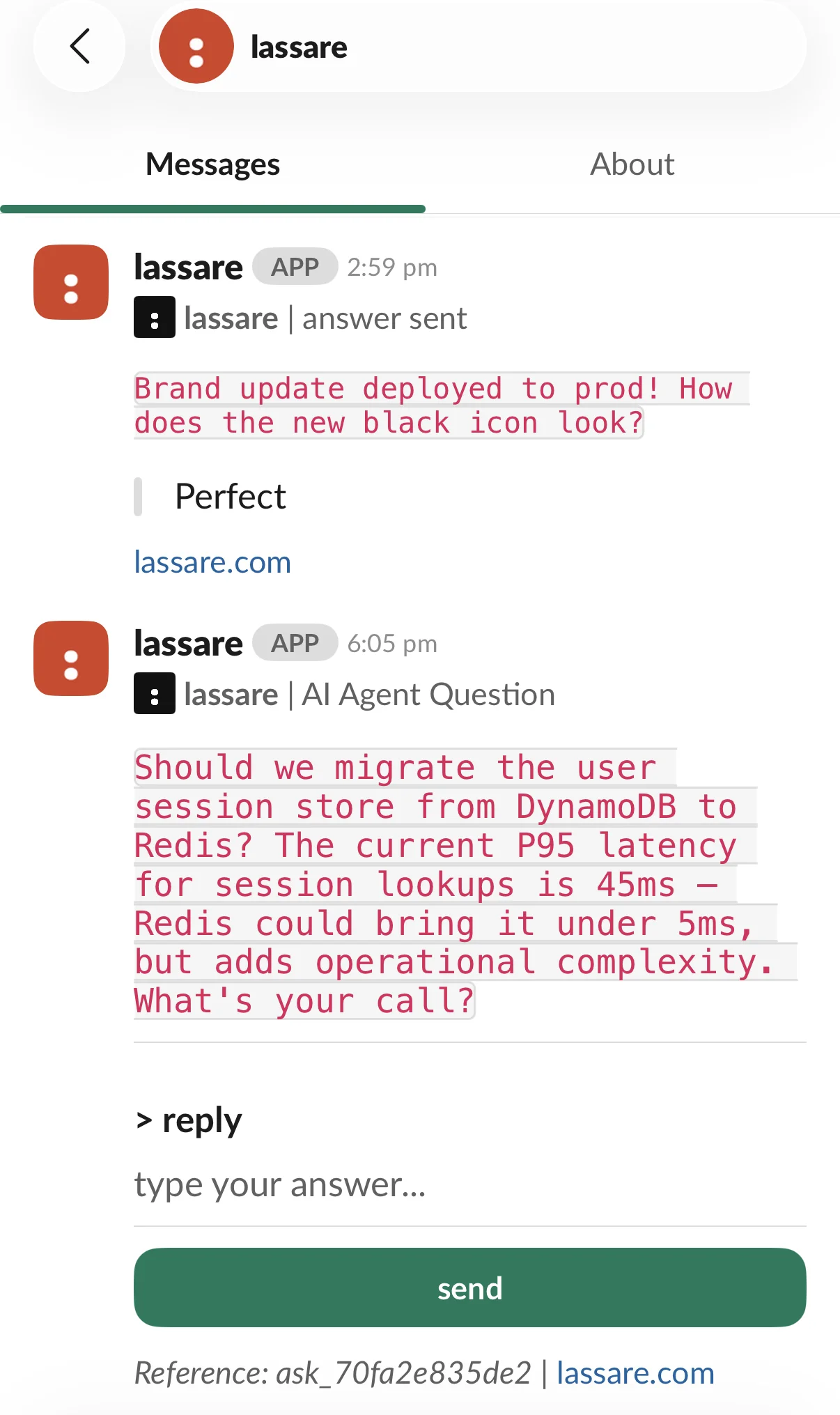 Lassare notification on Slack mobile — an AI agent asking a technical question